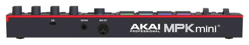 Rear panel of the Akai MPK Mini IV with its USB-C port, sustain input and 5-pin MIDI out