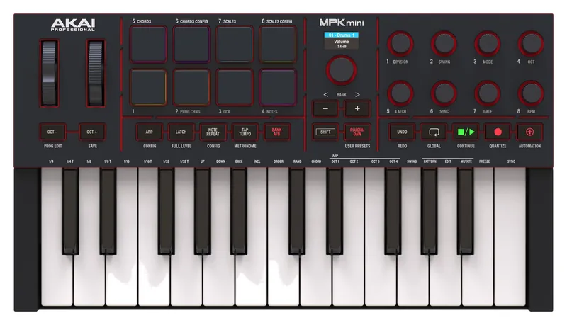 Akai MPK Mini IV 25-key MIDI keyboard in black seen from above