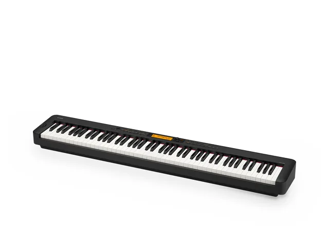 Casio CDP-S360 in black seen from an angle: a screen and rows of buttons above the keys