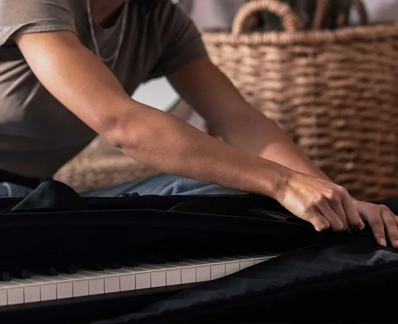A realistic digital piano setup in a shared living space