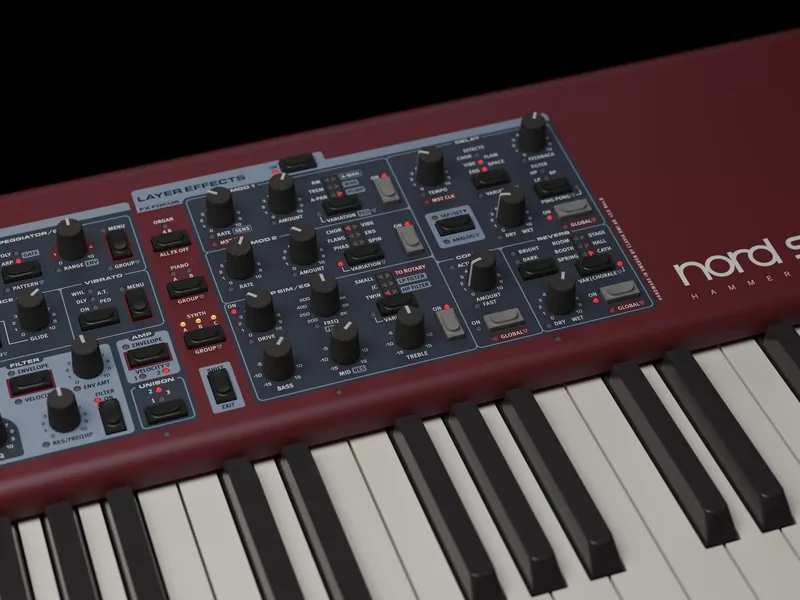 Close-up of the Nord Stage 4 88 effects section with its knobs and buttons