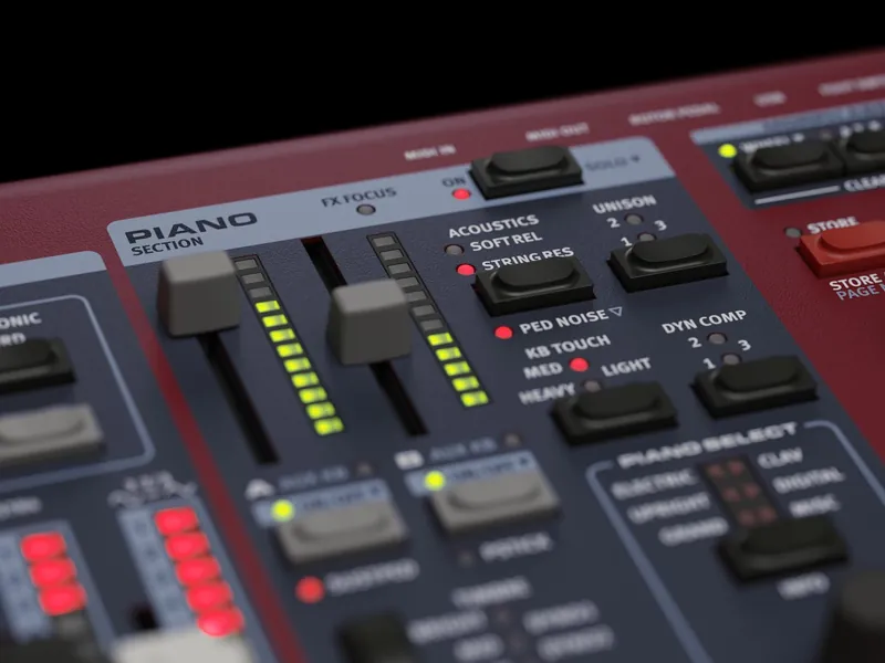 Close-up of the Nord Stage 4 88 piano section with its level sliders and buttons