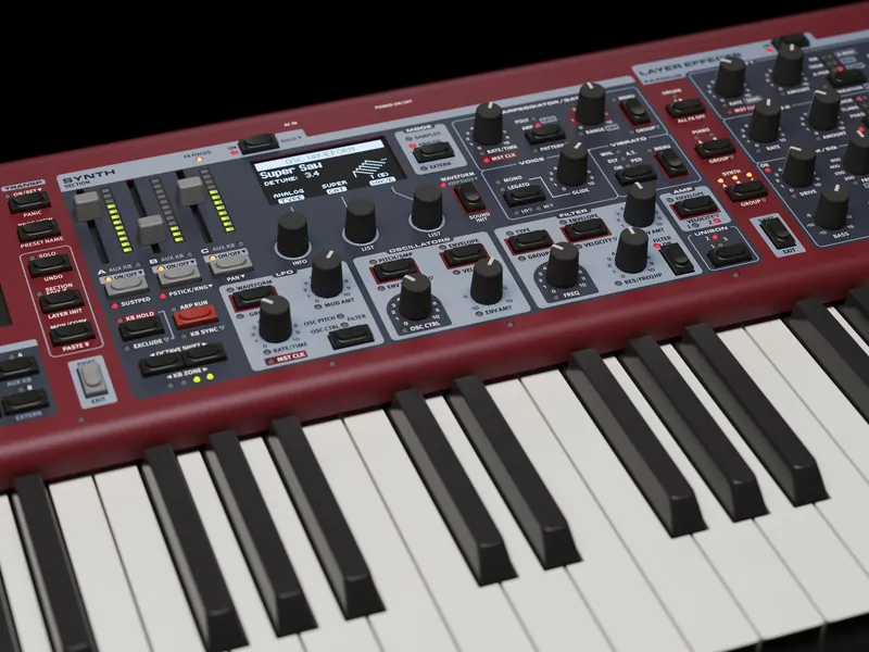 Close-up of the Nord Stage 4 88 synth section with its display, knobs and level sliders