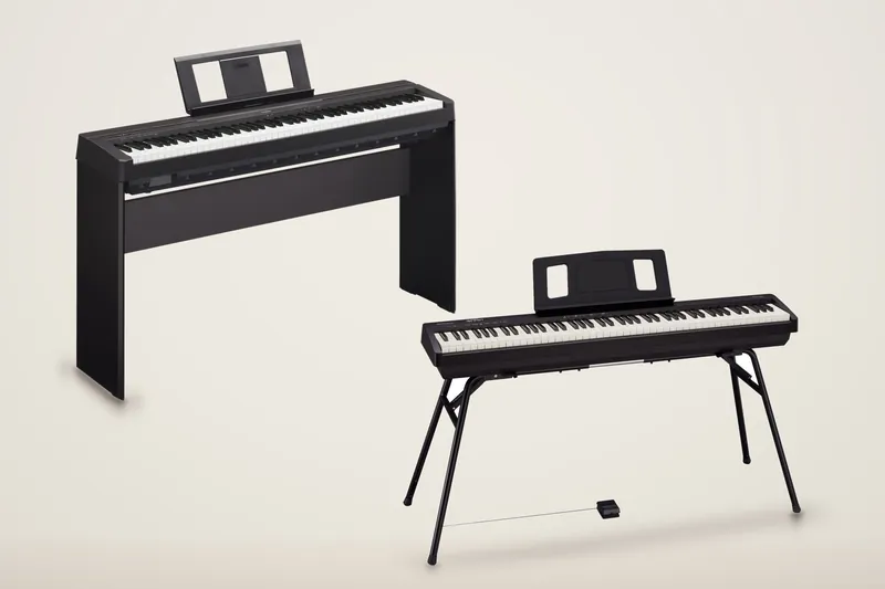 The Yamaha P-45 and Roland FP-10 digital pianos on their stands
